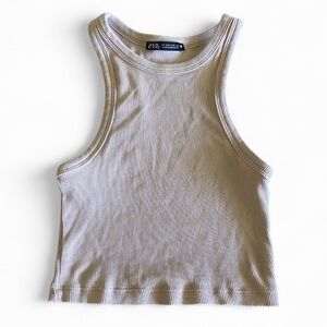 Zara Beige Cream Stretchy Ribbed‎ Racerback Womens Cropped Tank Top Size Small
